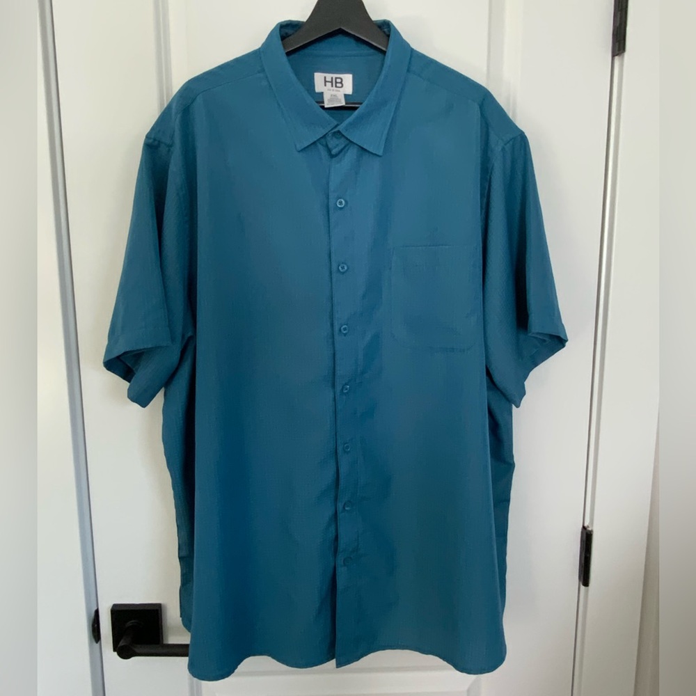 HB Fit 2XL Short Sleeve Button-Up Shirt Teal Textured Casual